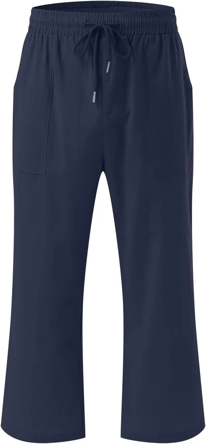 Capri Pants for Women Casual Summer Drawstring Elastic Waist Linen Pants Straight Wide Leg Pocket Cropped Trouser