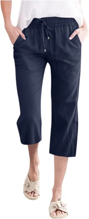 Capri Pants for Women Casual Summer Drawstring Elastic Waist Linen Pants Straight Wide Leg Pocket Cropped Trouser