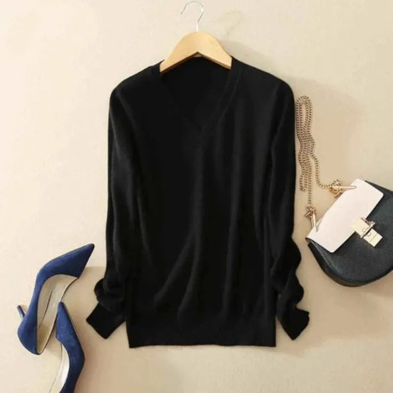 Cashmere Wool Knit Sweater Black V-Neck