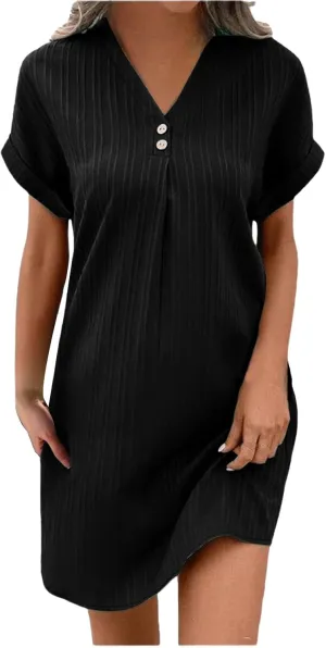 Casual Short Sleeve Summer Dresses for Women 2025 V Neck Boho Beach Dress Mini T Shirt Sundresses Dressy Work Ouftits