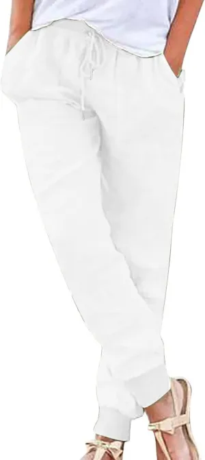 Ceboyel Women Summer Linen Pants Drawstring Beach Pants Lightweight High Waist Baggy Trouser Boho Ladies Clothes with Pockets