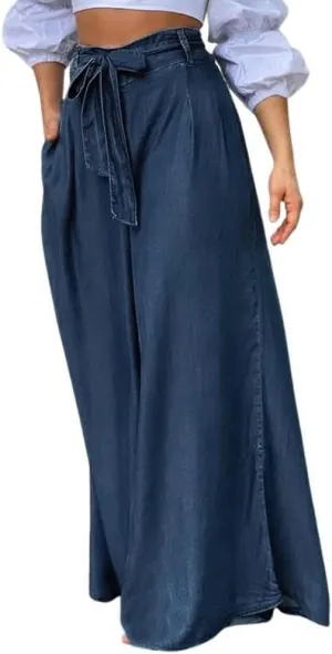 chouyatou Women's Casual Tie Knot Denim Pant High Waist Wide Leg Dressy Jean Pants Palazzo Culottes with Pockets