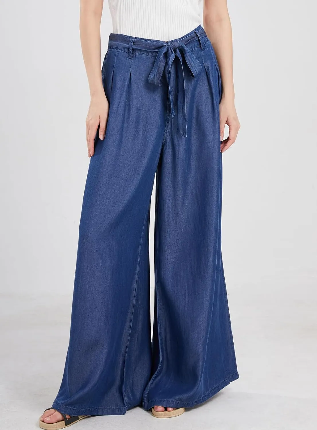 chouyatou Women's Casual Tie Knot Denim Pant High Waist Wide Leg Dressy Jean Pants Palazzo Culottes with Pockets