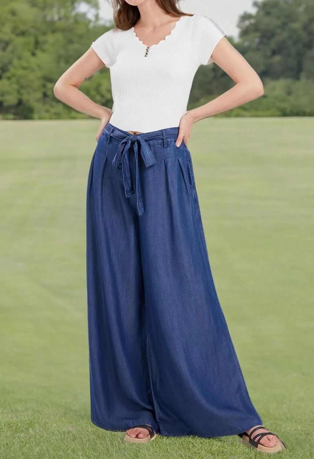 chouyatou Women's Casual Tie Knot Denim Pant High Waist Wide Leg Dressy Jean Pants Palazzo Culottes with Pockets