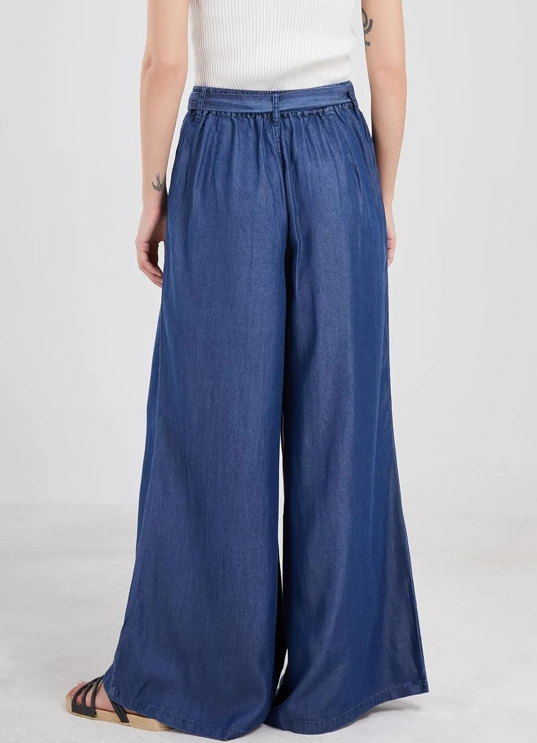 chouyatou Women's Casual Tie Knot Denim Pant High Waist Wide Leg Dressy Jean Pants Palazzo Culottes with Pockets