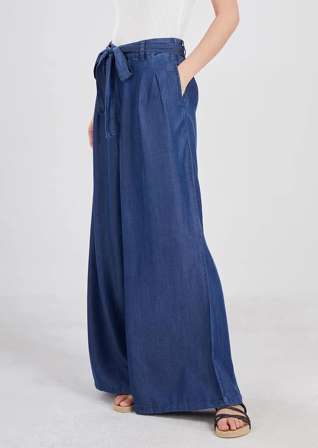 chouyatou Women's Casual Tie Knot Denim Pant High Waist Wide Leg Dressy Jean Pants Palazzo Culottes with Pockets