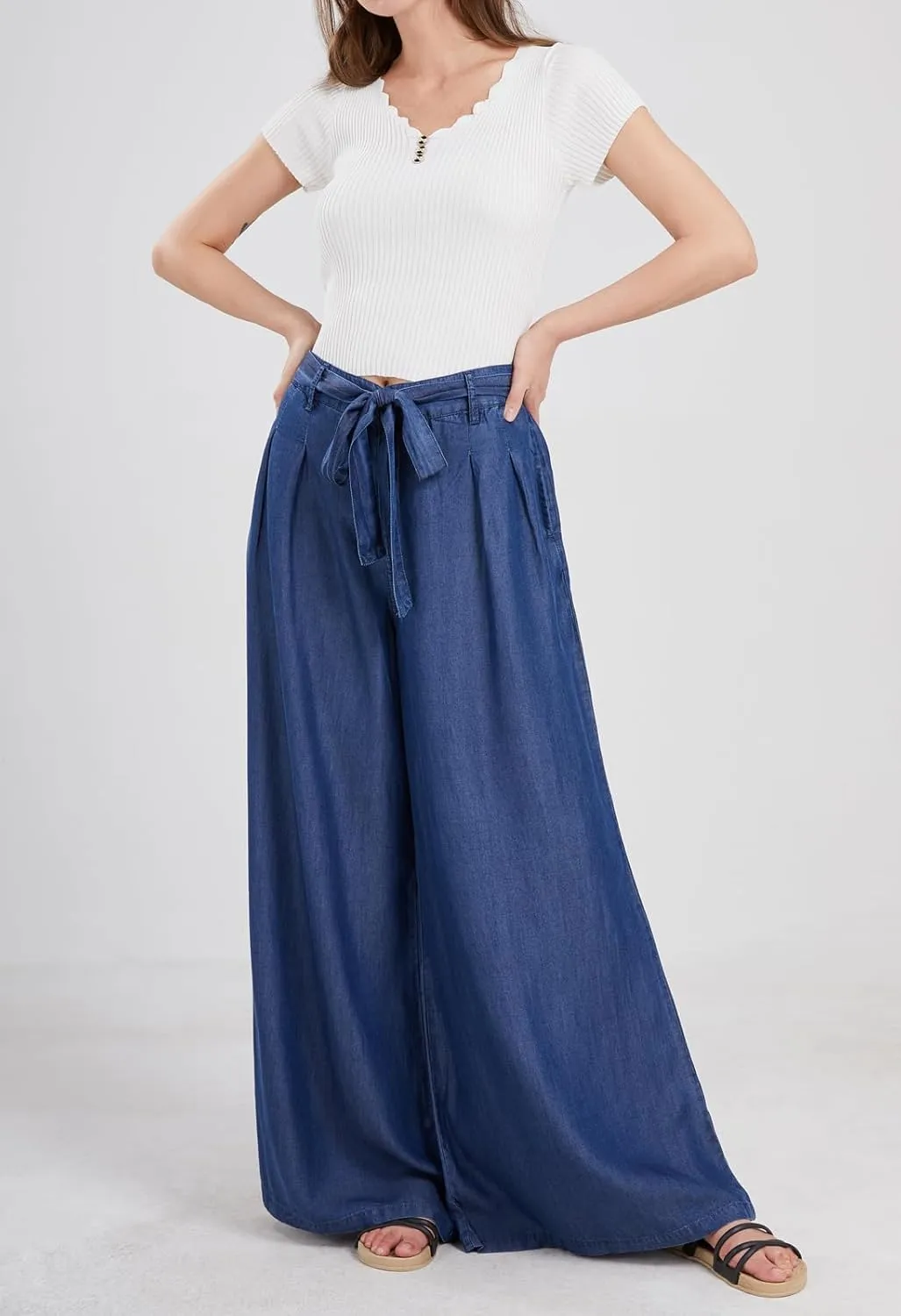 chouyatou Women's Casual Tie Knot Denim Pant High Waist Wide Leg Dressy Jean Pants Palazzo Culottes with Pockets