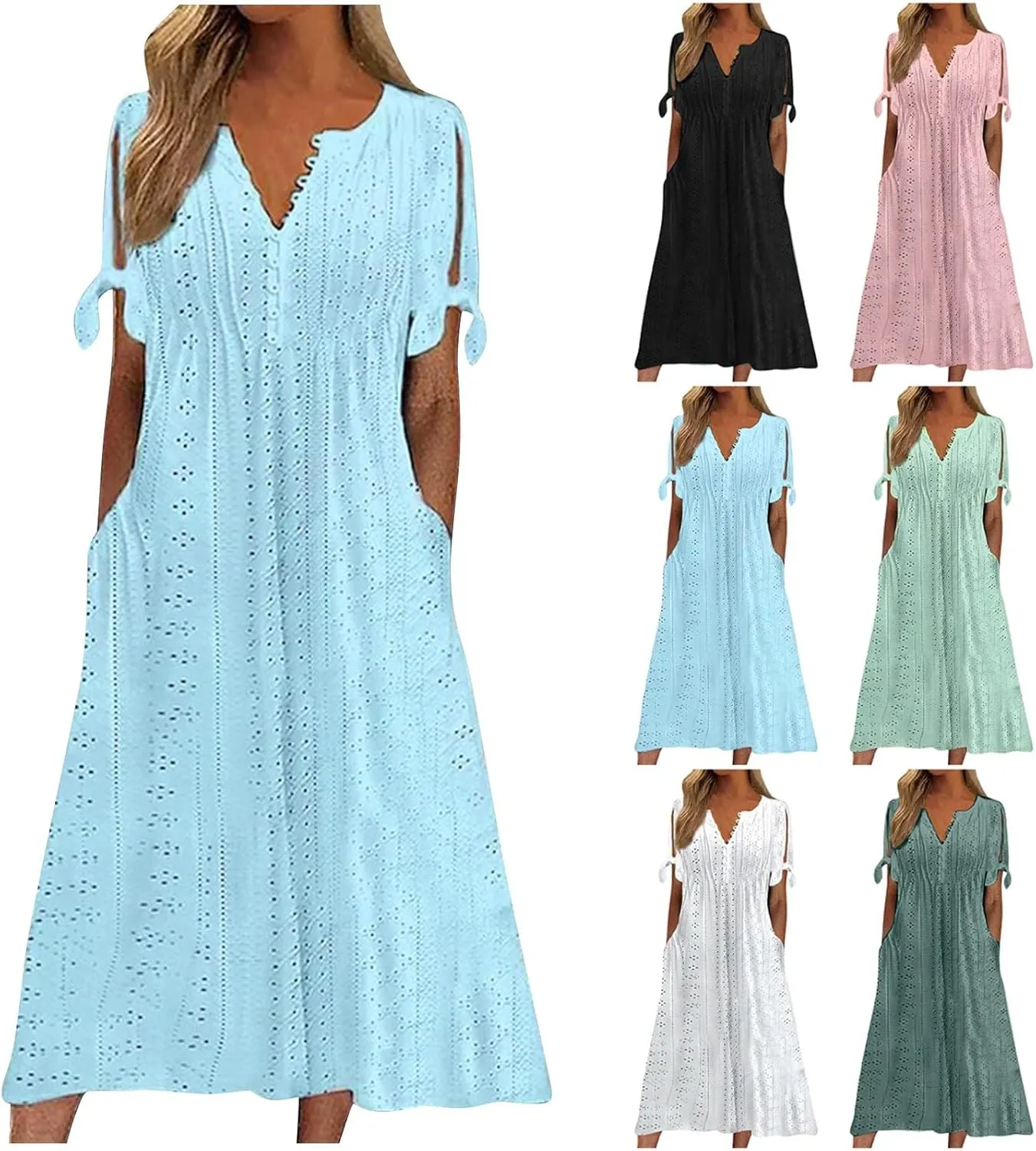 Cold Shoulder Midi Dresses for Women 2025,Trendy Plus Size Button Up Short Sleeve Summer Sexy V Neck Eyelet Dress