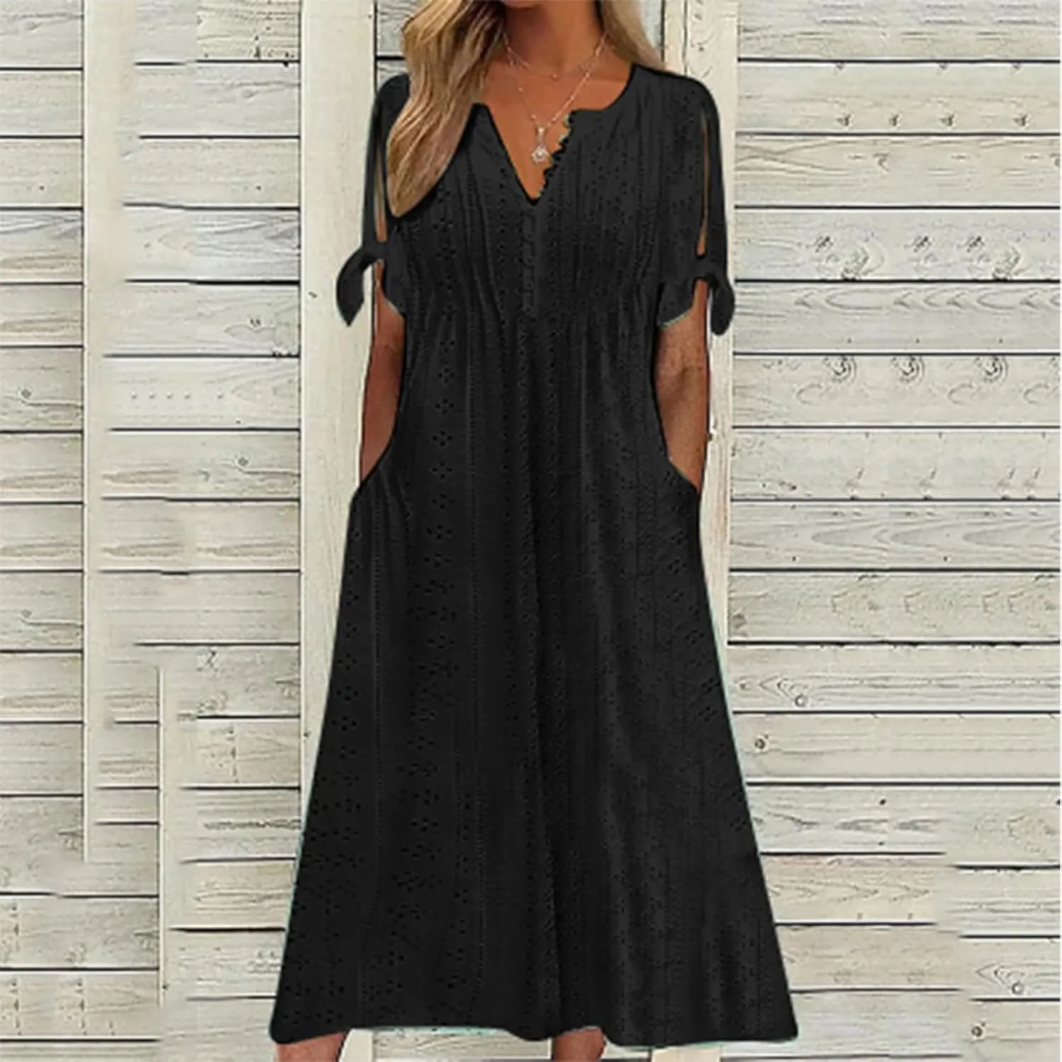 Cold Shoulder Midi Dresses for Women 2025,Trendy Plus Size Button Up Short Sleeve Summer Sexy V Neck Eyelet Dress
