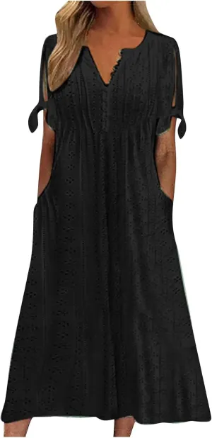 Cold Shoulder Midi Dresses for Women 2025,Trendy Plus Size Button Up Short Sleeve Summer Sexy V Neck Eyelet Dress