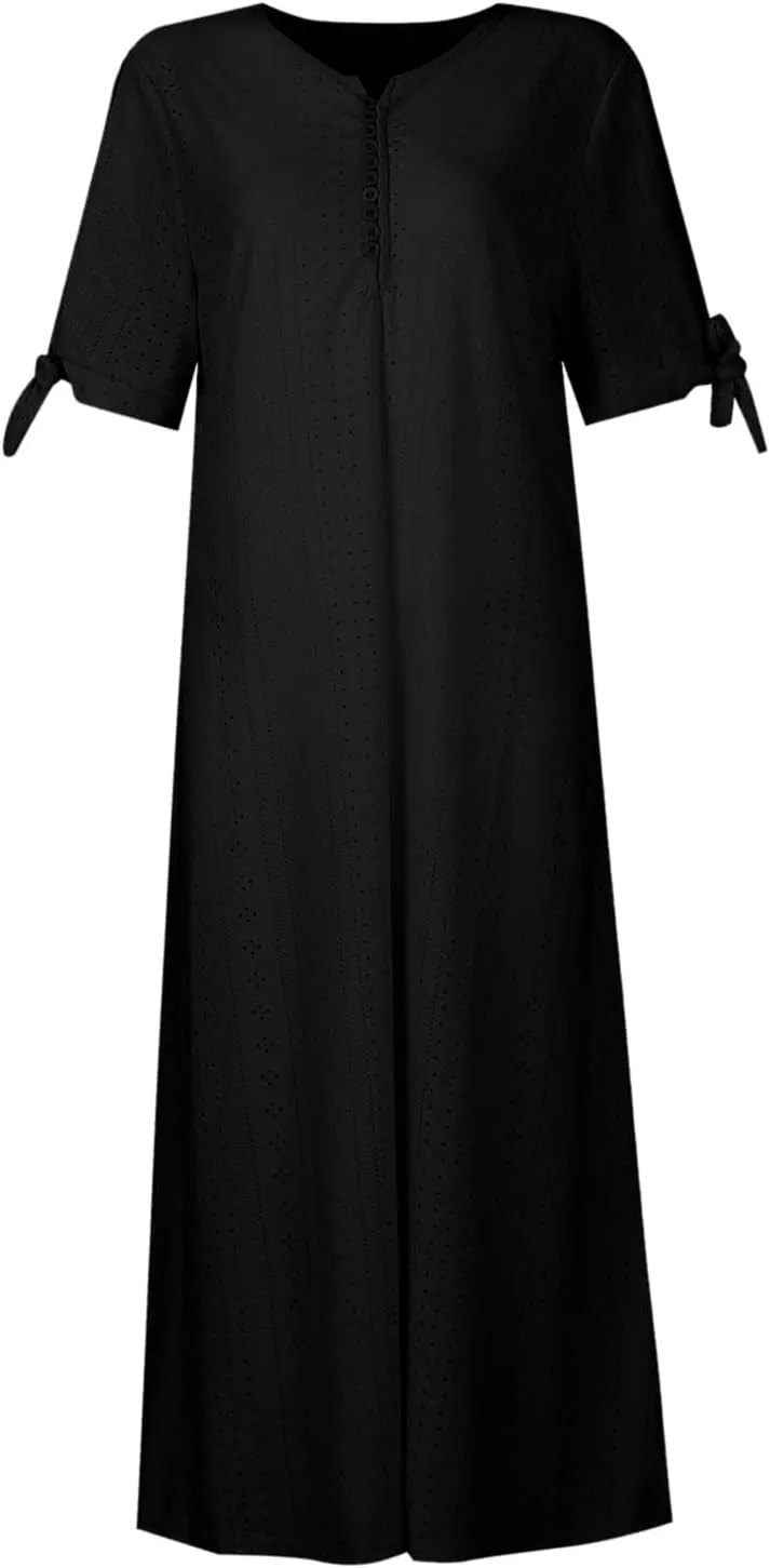 Cold Shoulder Midi Dresses for Women 2025,Trendy Plus Size Button Up Short Sleeve Summer Sexy V Neck Eyelet Dress