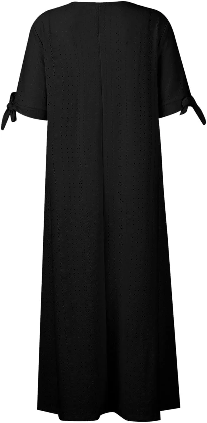 Cold Shoulder Midi Dresses for Women 2025,Trendy Plus Size Button Up Short Sleeve Summer Sexy V Neck Eyelet Dress