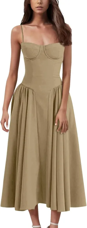 Corset Dress for Women Spaghetti Strap Bustier Pleated Hem Low Cut Midi Party Dresses 2025 Prom Dress with Pockets