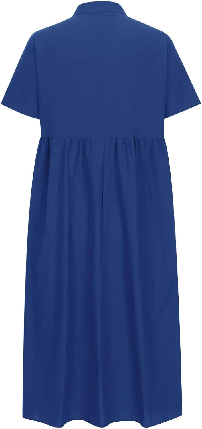 Cotton Linen Plus Size Summer Dresses for Women Retro Button Short Sleeve Crew Neck High Waist Midi Dress