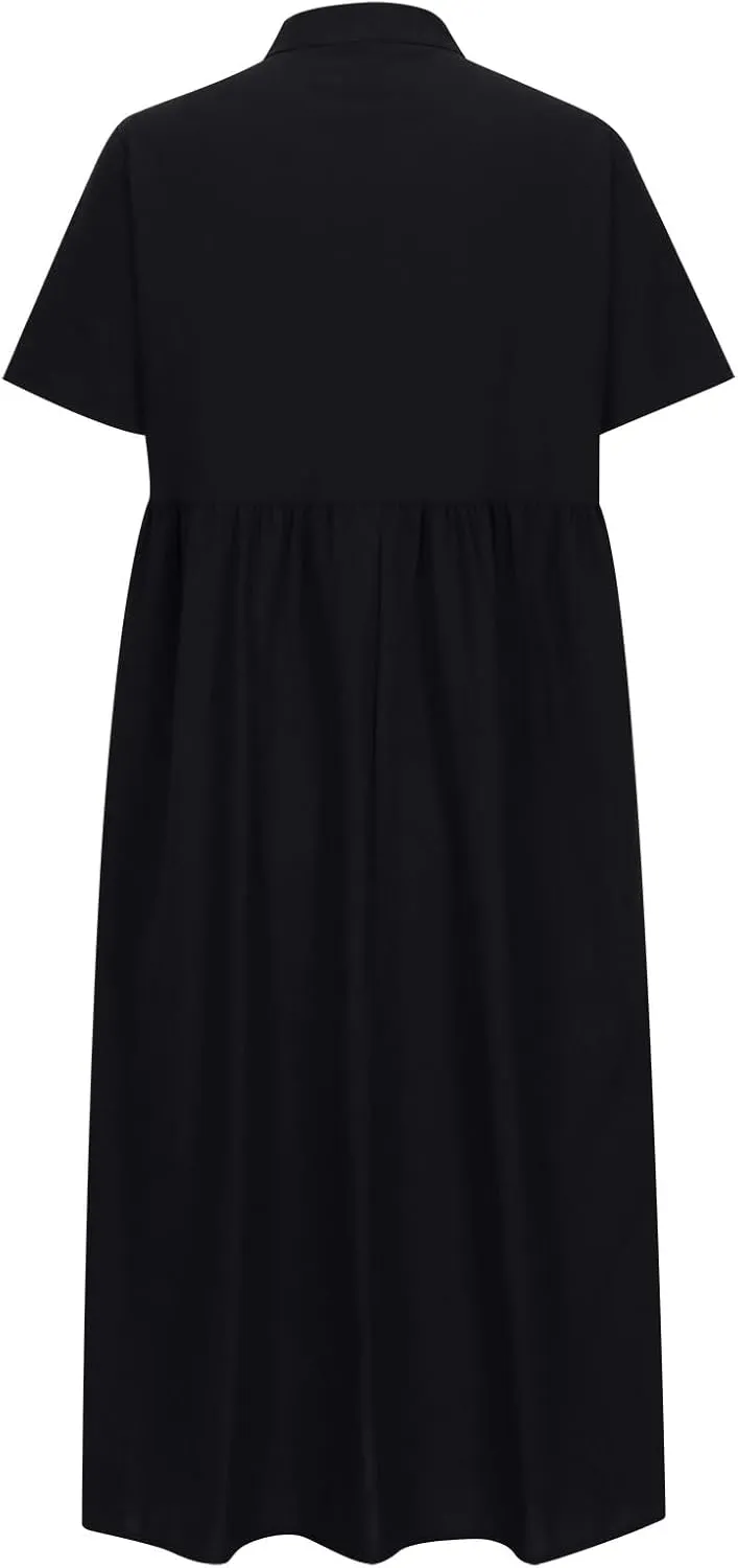 Cotton Linen Plus Size Summer Dresses for Women Retro Button Short Sleeve Crew Neck High Waist Midi Dress