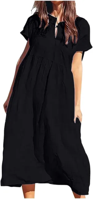 Cotton Linen Plus Size Summer Dresses for Women Retro Button Short Sleeve Crew Neck High Waist Midi Dress