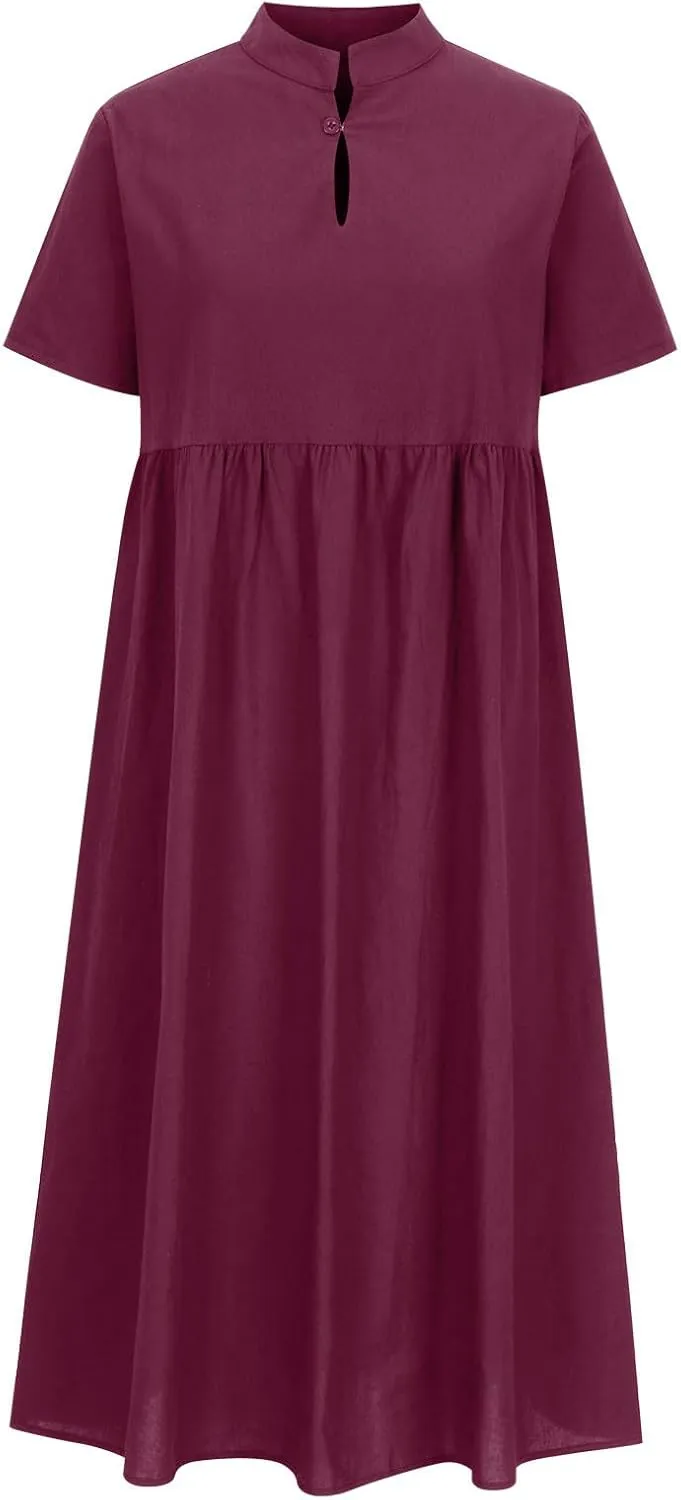 Cotton Linen Plus Size Summer Dresses for Women Retro Button Short Sleeve Crew Neck High Waist Midi Dress