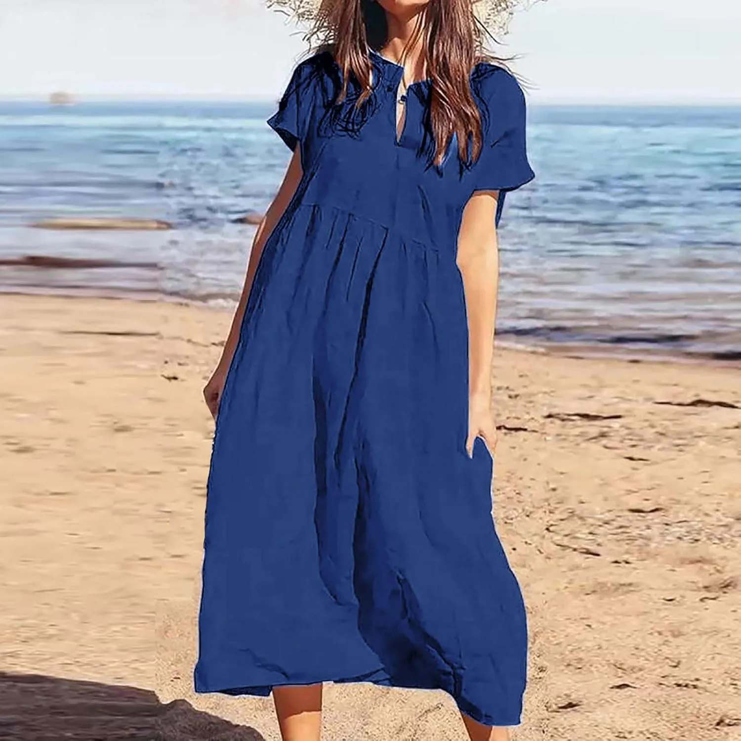 Cotton Linen Plus Size Summer Dresses for Women Retro Button Short Sleeve Crew Neck High Waist Midi Dress