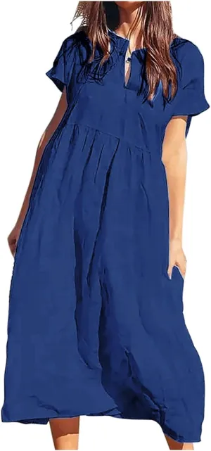 Cotton Linen Plus Size Summer Dresses for Women Retro Button Short Sleeve Crew Neck High Waist Midi Dress
