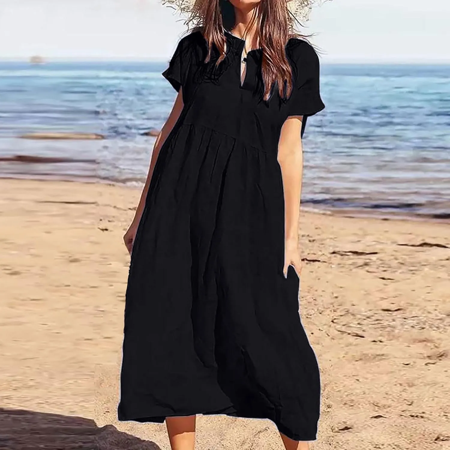 Cotton Linen Plus Size Summer Dresses for Women Retro Button Short Sleeve Crew Neck High Waist Midi Dress