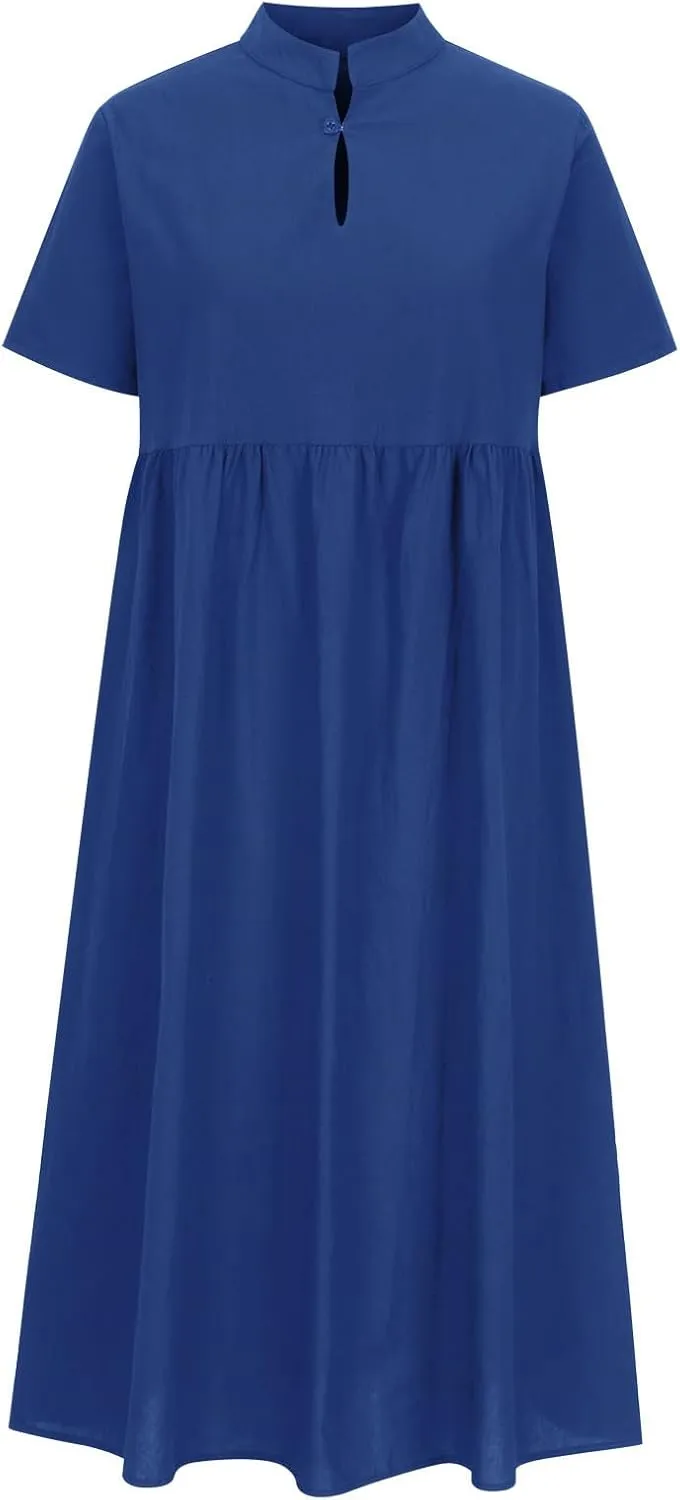 Cotton Linen Plus Size Summer Dresses for Women Retro Button Short Sleeve Crew Neck High Waist Midi Dress