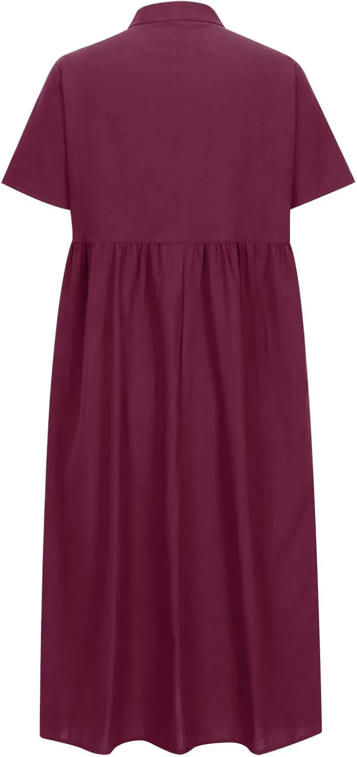 Cotton Linen Plus Size Summer Dresses for Women Retro Button Short Sleeve Crew Neck High Waist Midi Dress