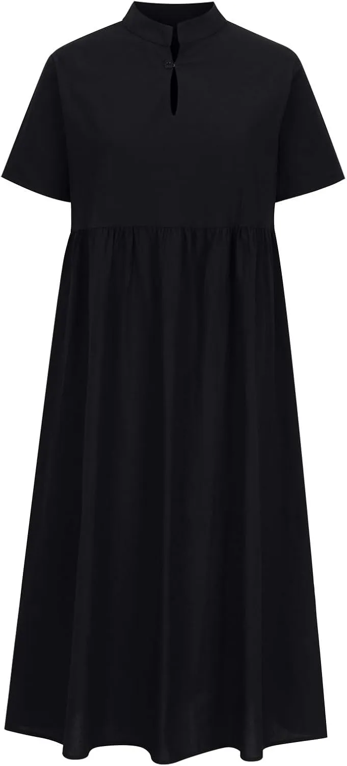 Cotton Linen Plus Size Summer Dresses for Women Retro Button Short Sleeve Crew Neck High Waist Midi Dress