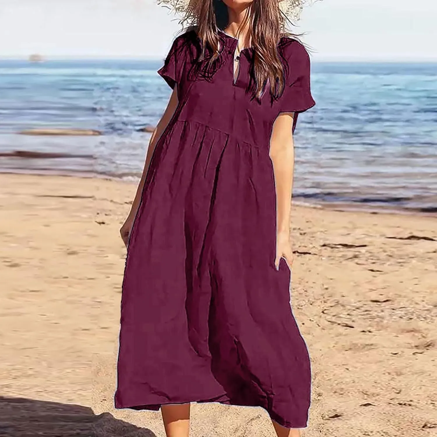 Cotton Linen Plus Size Summer Dresses for Women Retro Button Short Sleeve Crew Neck High Waist Midi Dress