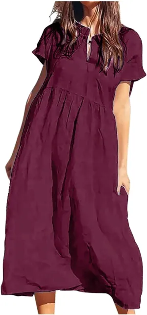 Cotton Linen Plus Size Summer Dresses for Women Retro Button Short Sleeve Crew Neck High Waist Midi Dress