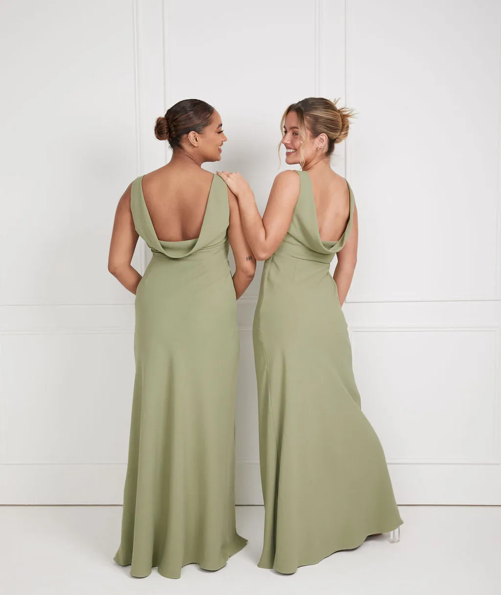 Cowl Back Crepe Bridesmaid Dress - Sage