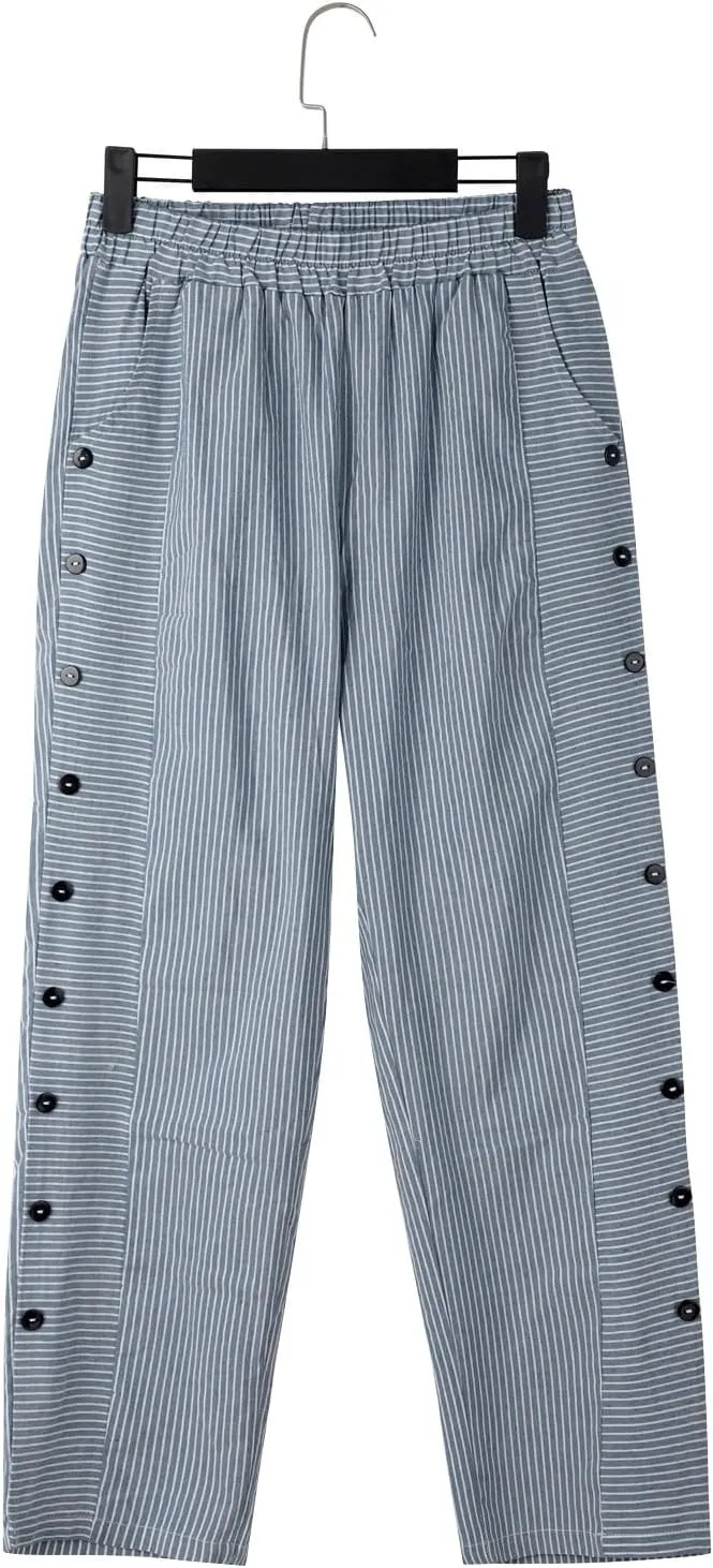 Cropped Linen Pants for Women Straight Leg Elastic Waist Capris Stripe Print Beach Summer Casual Pants with Pockets