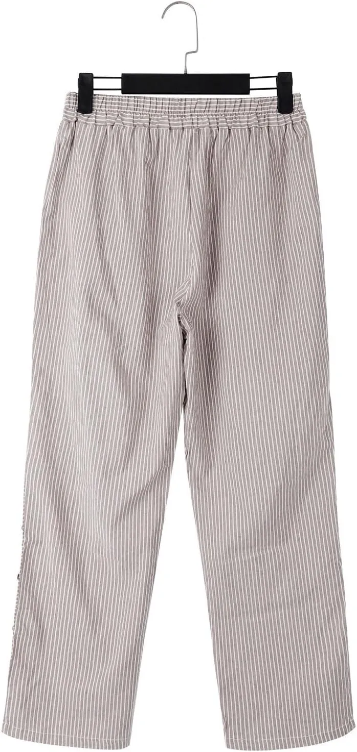 Cropped Linen Pants for Women Straight Leg Elastic Waist Capris Stripe Print Beach Summer Casual Pants with Pockets