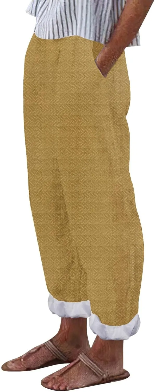 Cropped Linen Pants for Women Straight Leg Elastic Waist Capris Stripe Print Beach Summer Casual Pants with Pockets