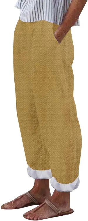 Cropped Linen Pants for Women Straight Leg Elastic Waist Capris Stripe Print Beach Summer Casual Pants with Pockets