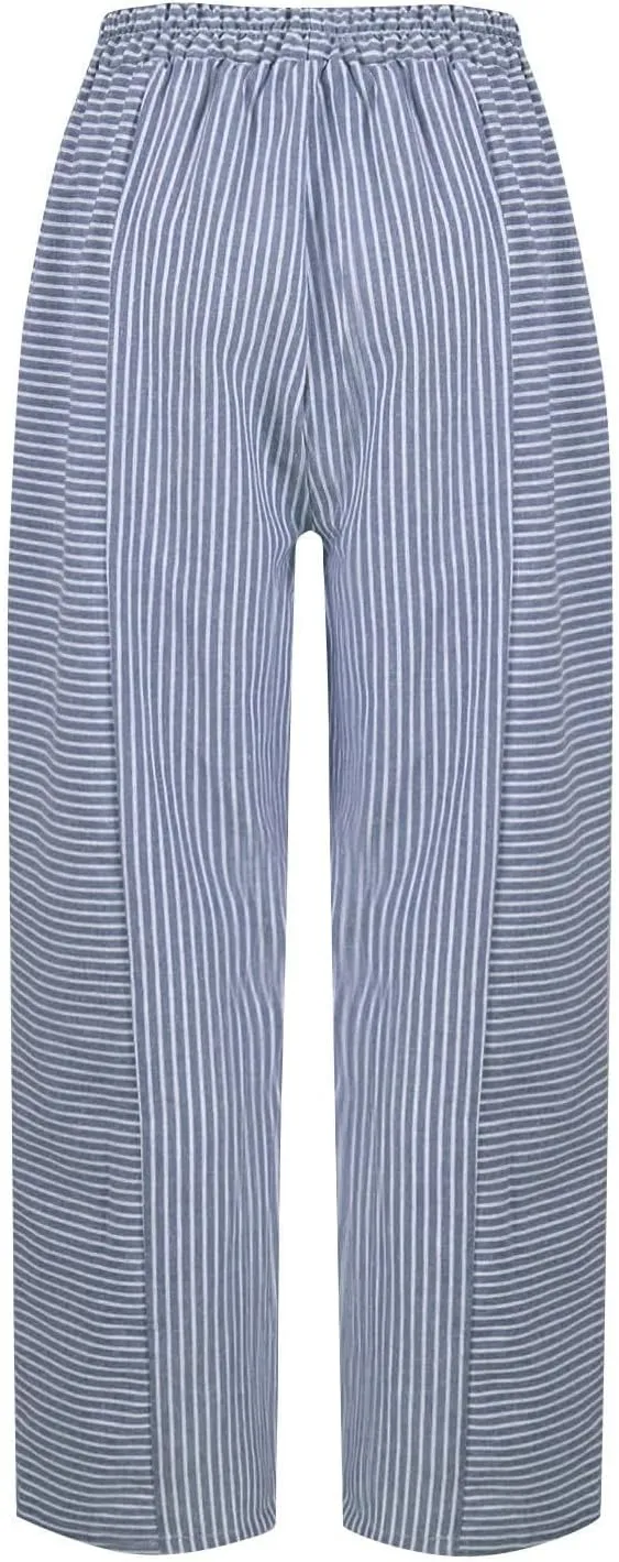 Cropped Linen Pants for Women Straight Leg Elastic Waist Capris Stripe Print Beach Summer Casual Pants with Pockets