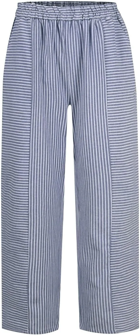 Cropped Linen Pants for Women Straight Leg Elastic Waist Capris Stripe Print Beach Summer Casual Pants with Pockets