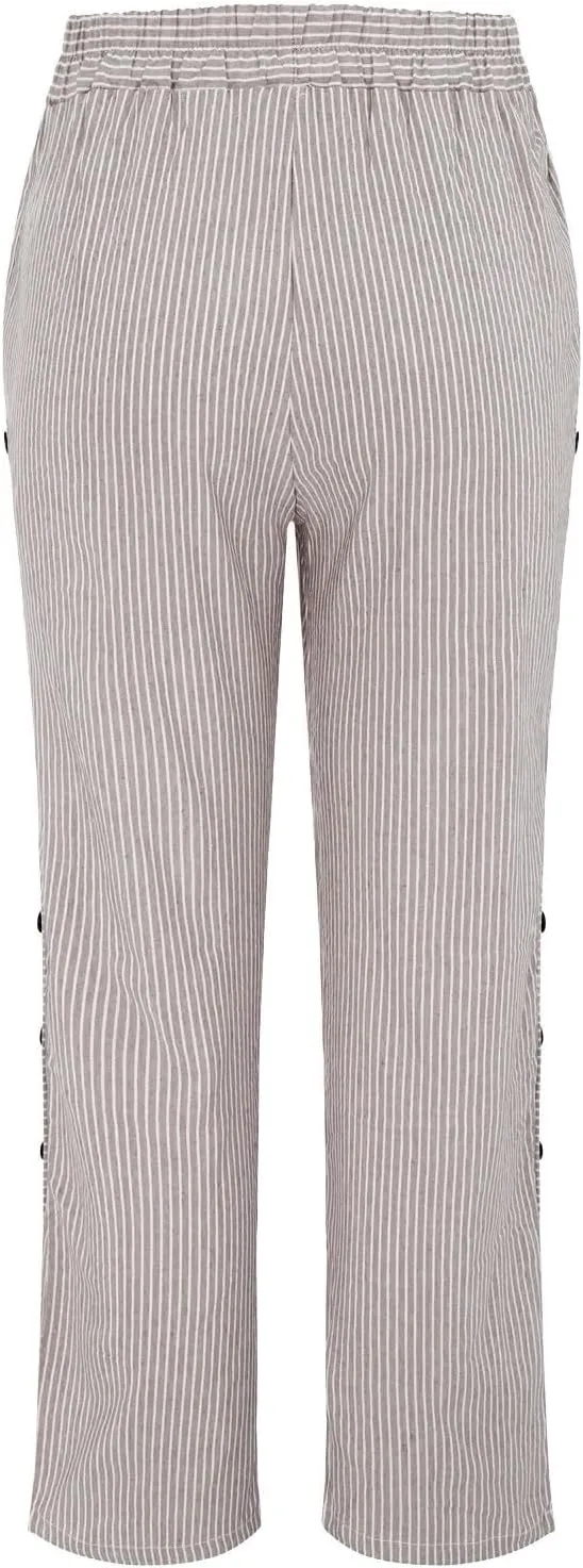 Cropped Linen Pants for Women Straight Leg Elastic Waist Capris Stripe Print Beach Summer Casual Pants with Pockets