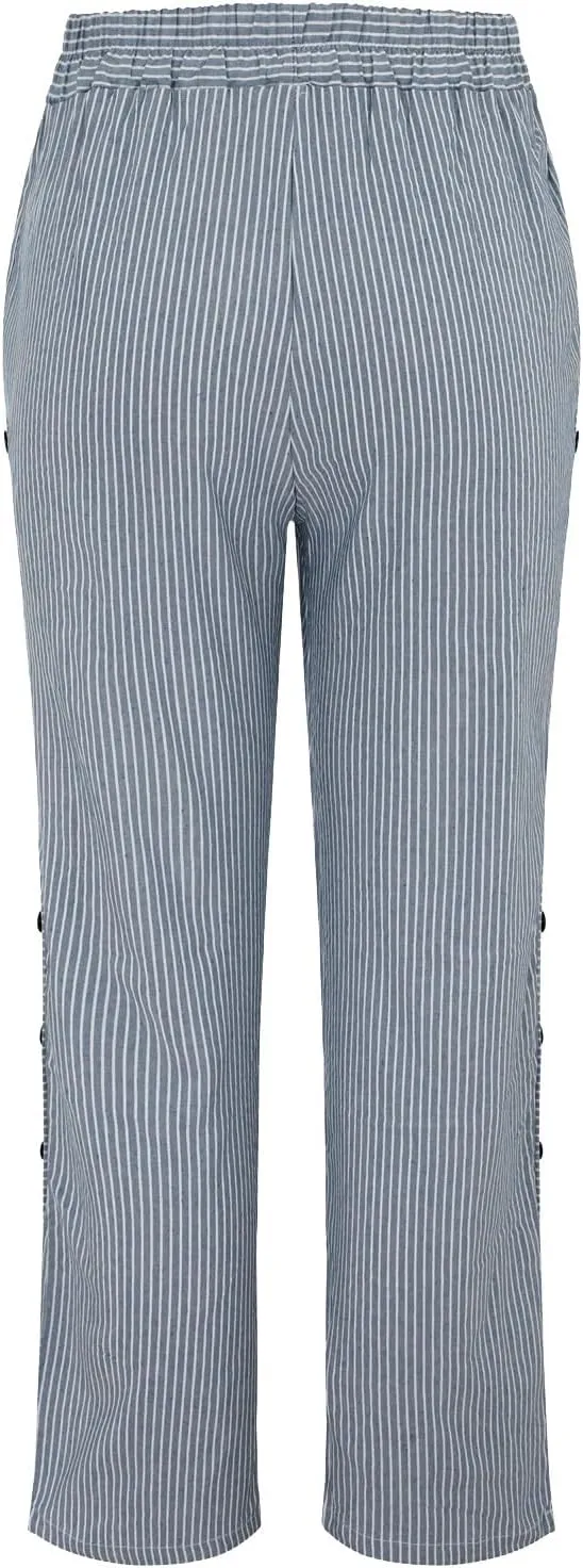 Cropped Linen Pants for Women Straight Leg Elastic Waist Capris Stripe Print Beach Summer Casual Pants with Pockets