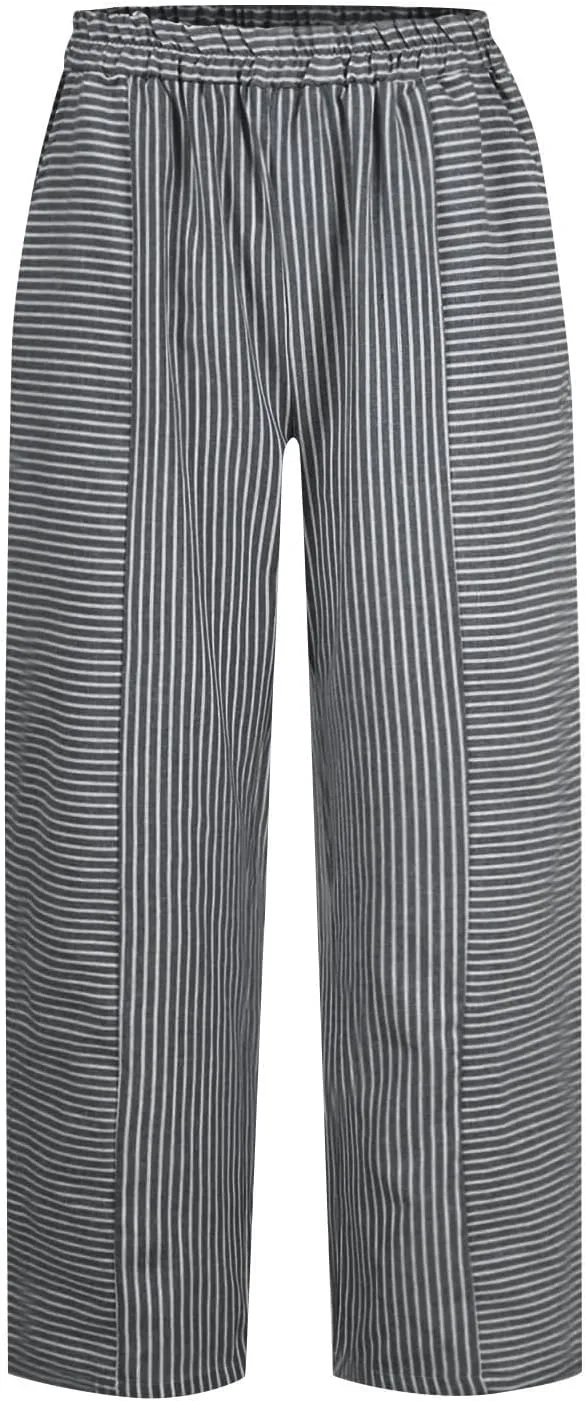 Cropped Linen Pants for Women Straight Leg Elastic Waist Capris Stripe Print Beach Summer Casual Pants with Pockets