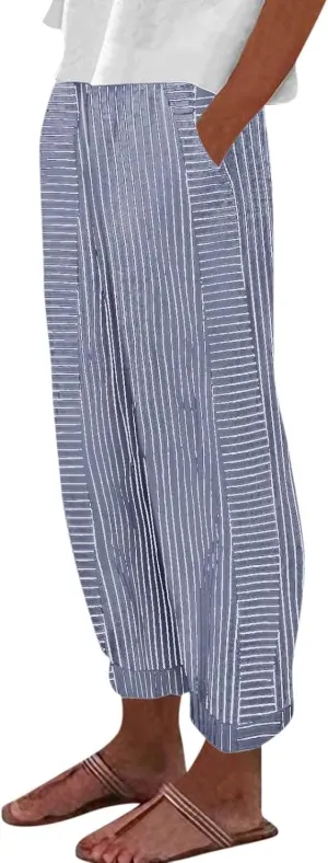 Cropped Linen Pants for Women Straight Leg Elastic Waist Capris Stripe Print Beach Summer Casual Pants with Pockets