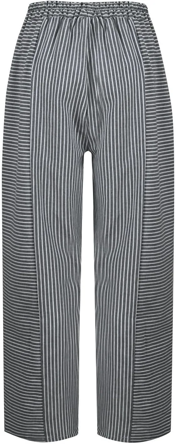 Cropped Linen Pants for Women Straight Leg Elastic Waist Capris Stripe Print Beach Summer Casual Pants with Pockets