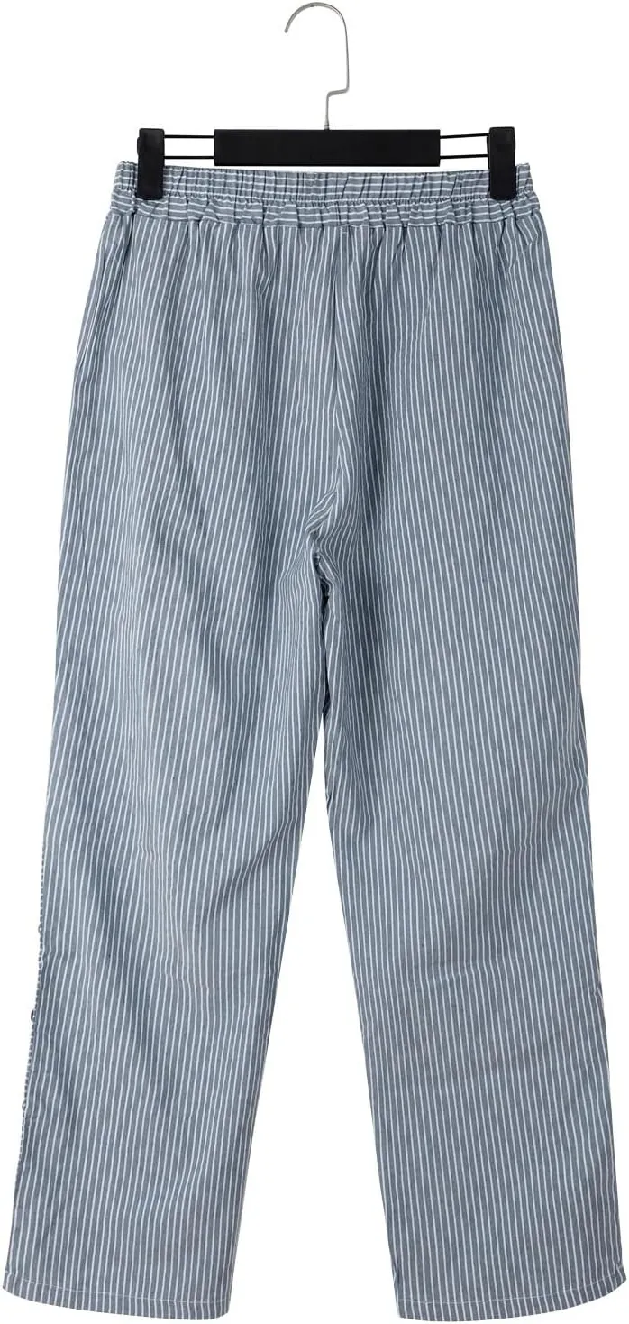Cropped Linen Pants for Women Straight Leg Elastic Waist Capris Stripe Print Beach Summer Casual Pants with Pockets