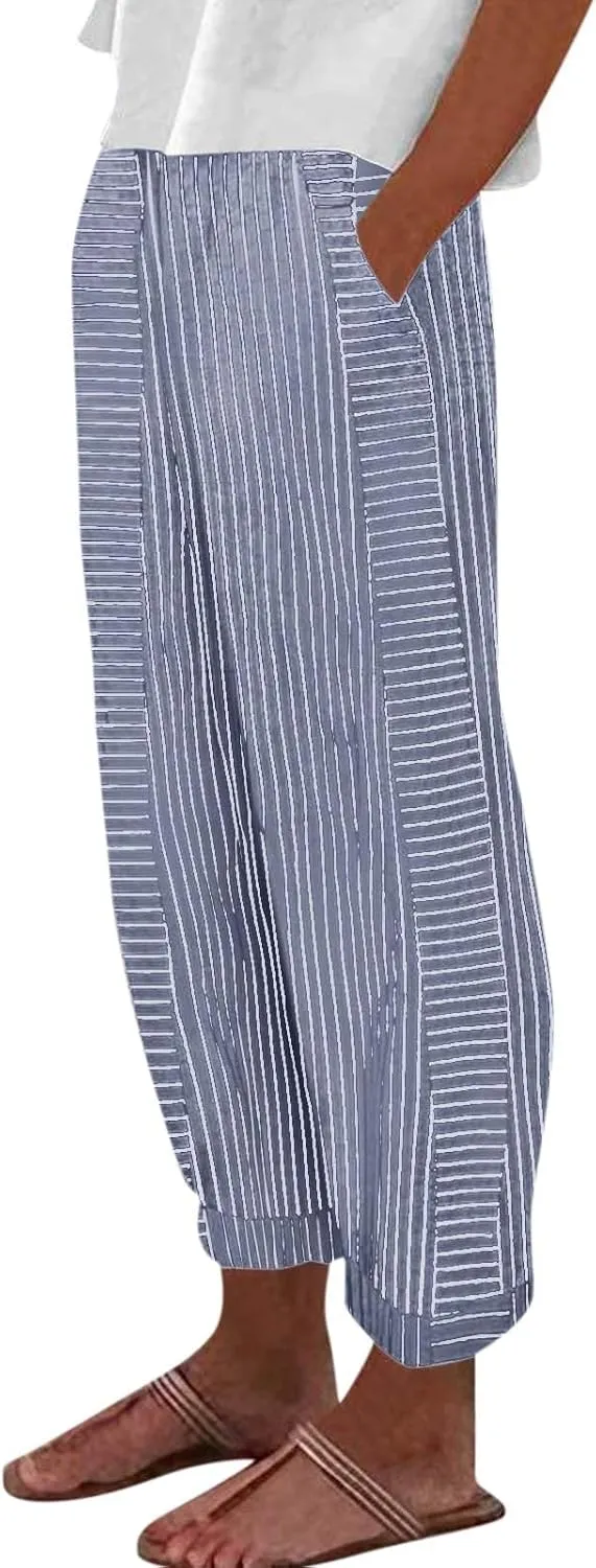 Cropped Linen Pants for Women Straight Leg Elastic Waist Capris Stripe Print Beach Summer Casual Pants with Pockets