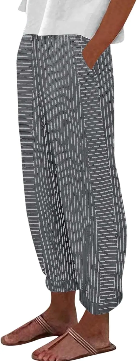 Cropped Linen Pants for Women Straight Leg Elastic Waist Capris Stripe Print Beach Summer Casual Pants with Pockets