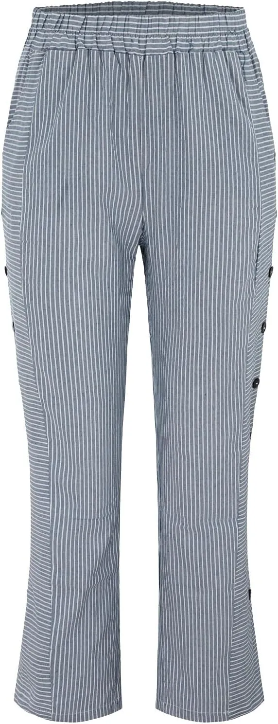 Cropped Linen Pants for Women Straight Leg Elastic Waist Capris Stripe Print Beach Summer Casual Pants with Pockets