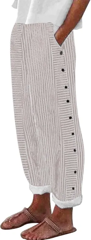 Cropped Linen Pants for Women Straight Leg Elastic Waist Capris Stripe Print Beach Summer Casual Pants with Pockets