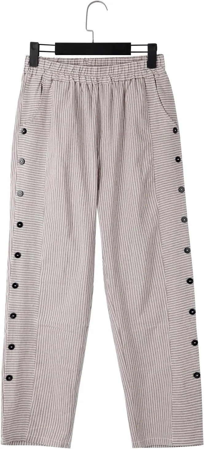 Cropped Linen Pants for Women Straight Leg Elastic Waist Capris Stripe Print Beach Summer Casual Pants with Pockets