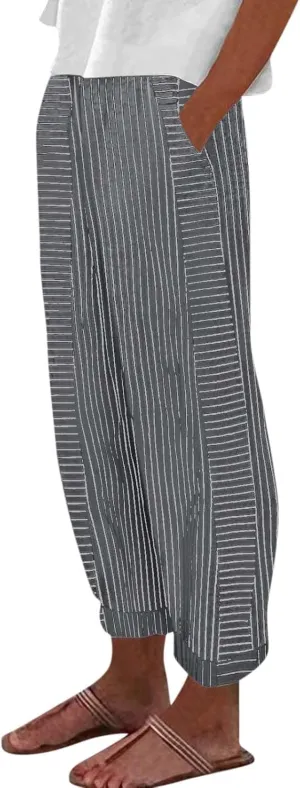 Cropped Linen Pants for Women Straight Leg Elastic Waist Capris Stripe Print Beach Summer Casual Pants with Pockets
