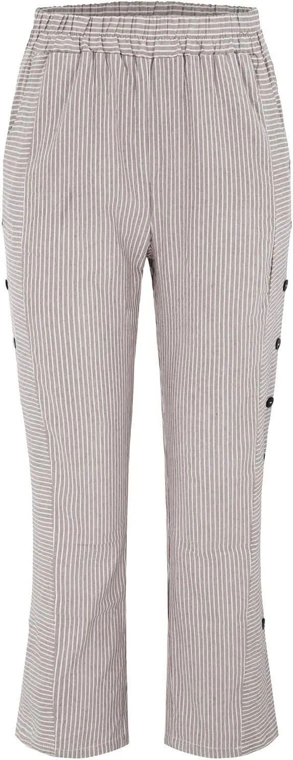 Cropped Linen Pants for Women Straight Leg Elastic Waist Capris Stripe Print Beach Summer Casual Pants with Pockets