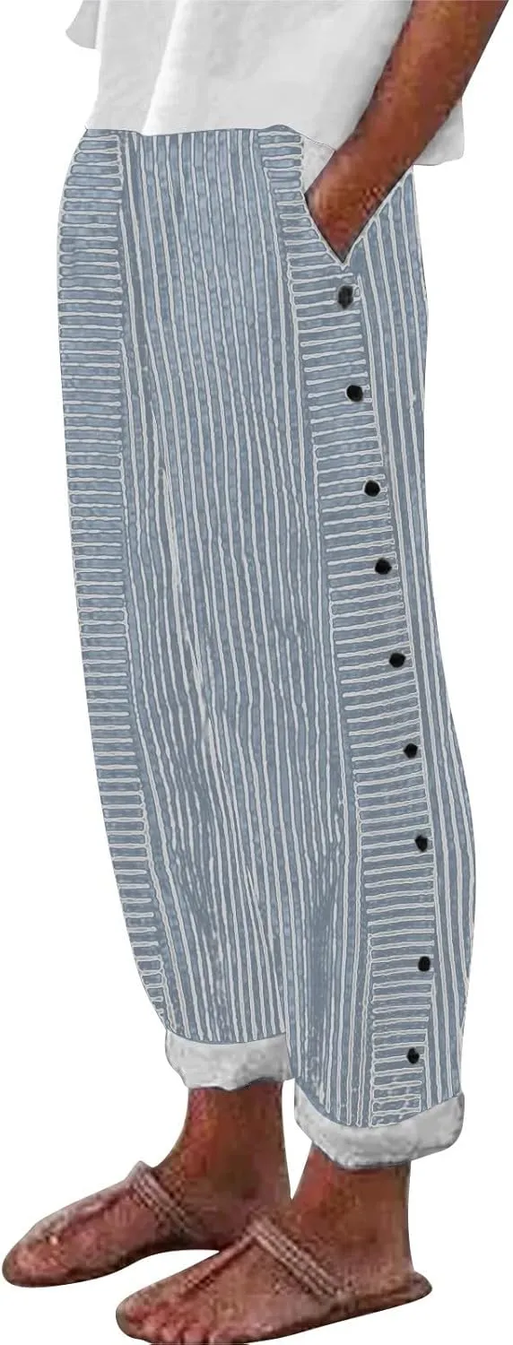 Cropped Linen Pants for Women Straight Leg Elastic Waist Capris Stripe Print Beach Summer Casual Pants with Pockets